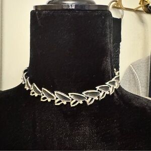 Vintage Silver Tone Black Enamel Leaf Choker Necklace Adjustable